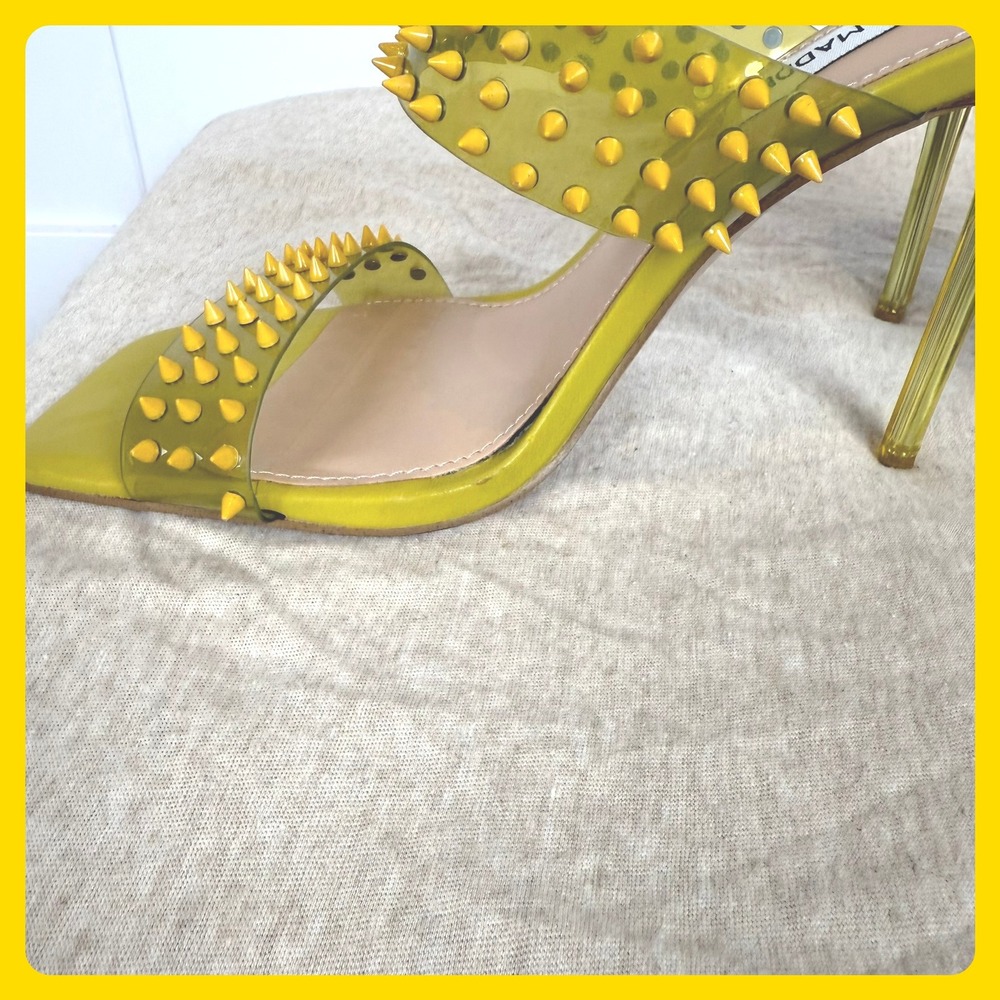 Steve Madden Lunna Yellow Green Spiked Studded Square Toe High Heel Mules 7M Y2k - Picture 4 of 7